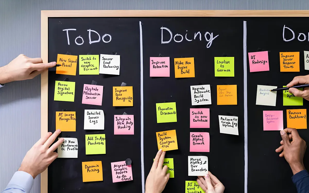 A team moving work across a To Do, Doing and Done board