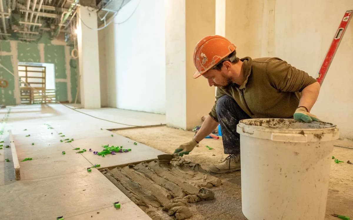 A tiler spreading adhesive across a commercial floor on a renovation job