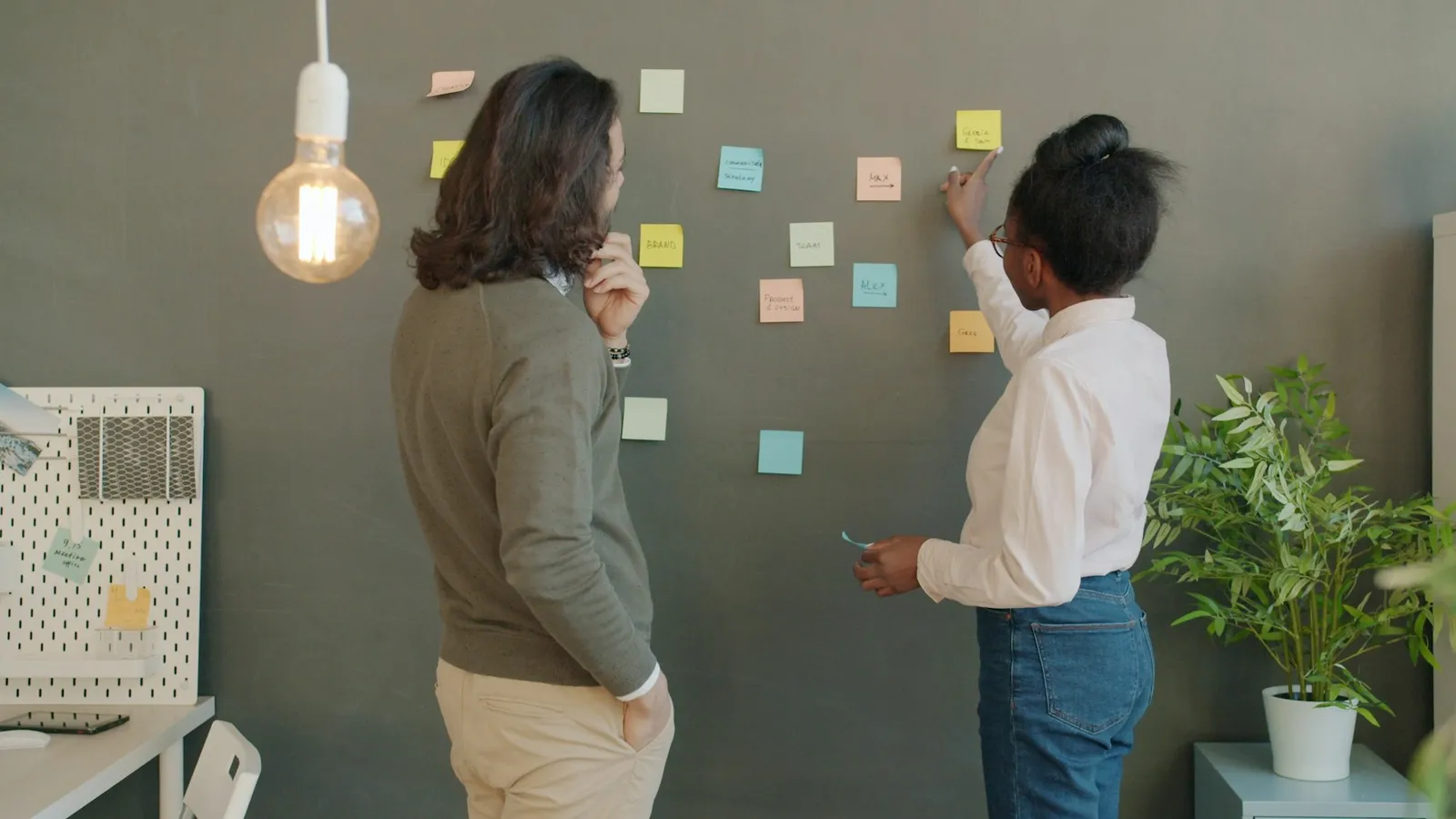Two people mapping a process with notes on an office wall