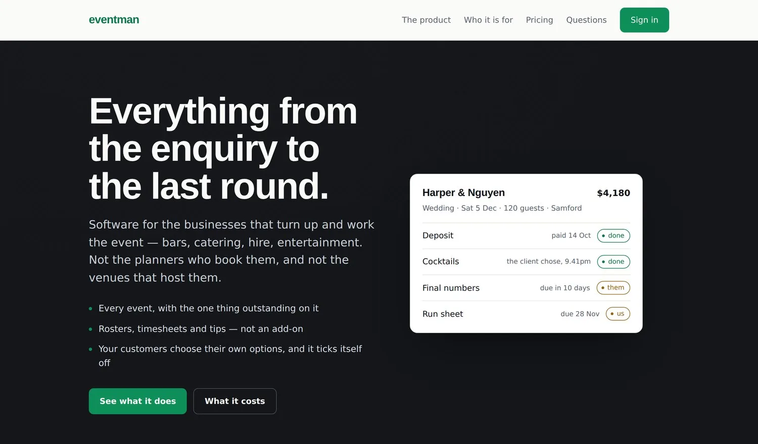 Eventman website hero: 'Everything from the enquiry to the last round' beside an event card for a 120-guest wedding