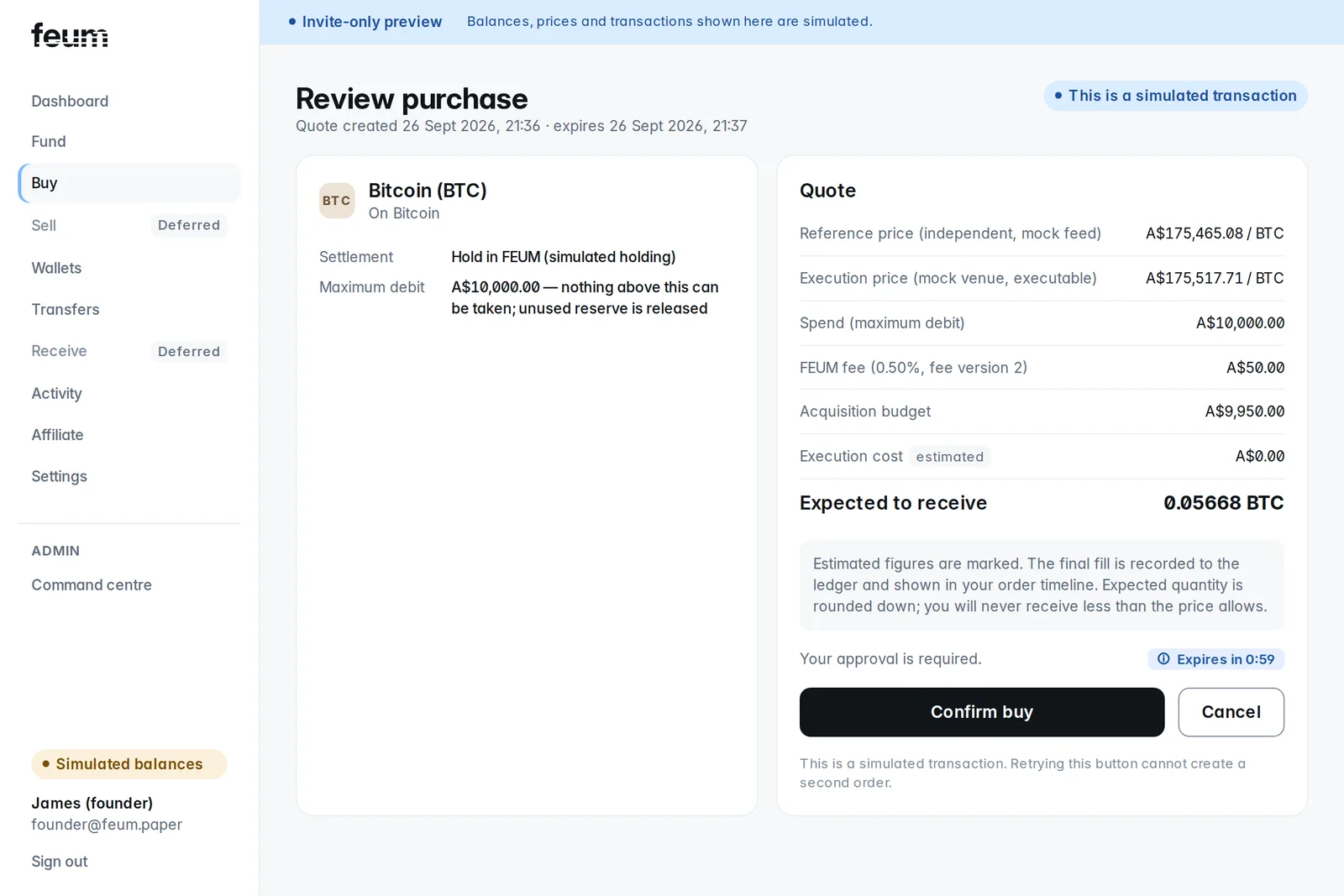 FEUM member app, Review purchase screen for Bitcoin: reference and execution prices, a maximum debit of A$10,000, the 0.50% fee on its own line, expected quantity to receive, a quote expiring in 60 seconds and a note that your approval is required. Banner reads: this is a simulated transaction.