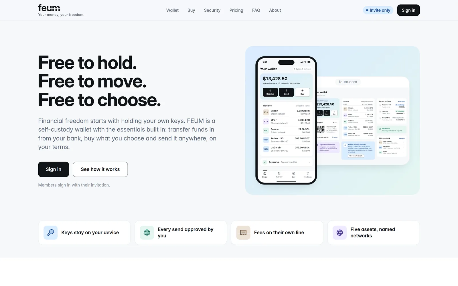 FEUM public homepage beside a phone showing a simulated wallet, with an invite-only badge in the navigation