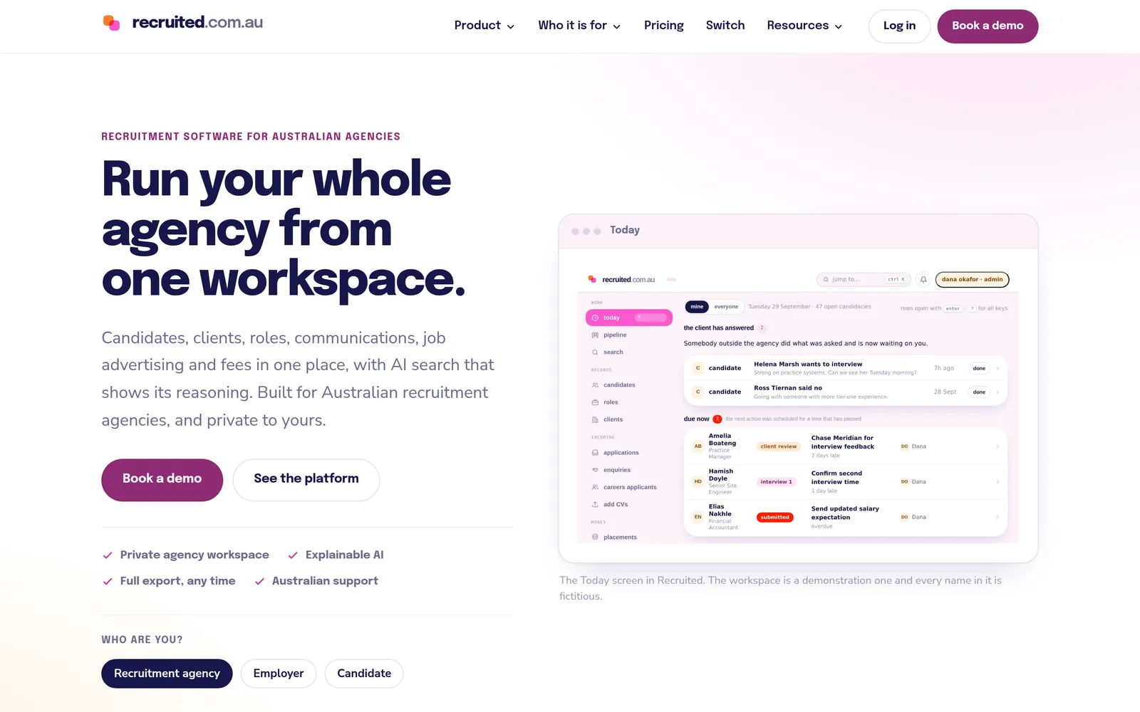 Recruited public homepage: 'Run your whole agency from one workspace' beside a capture of the app's Today screen
