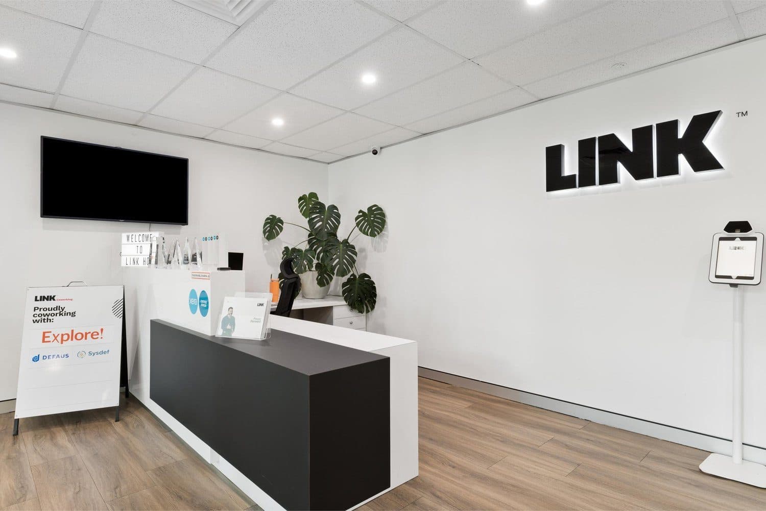 Reception with LINK wordmark at LINK Coworking, 57 Berwick Street